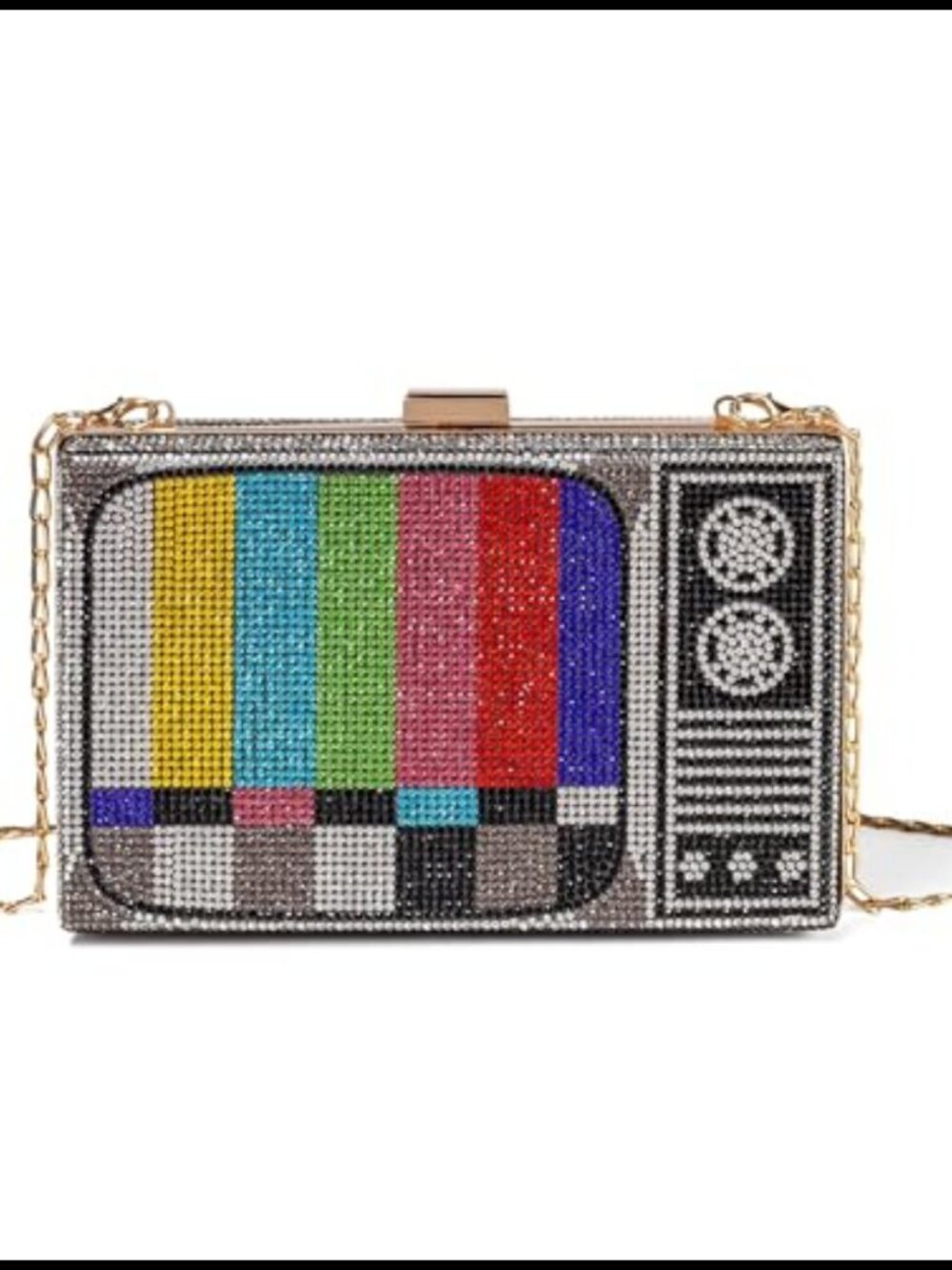 Rhinestone Clutch Crossbody Bag Detachable Chain TV Shaped Evening Purse